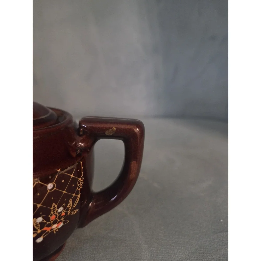 Vtg Brown Betty Redware Teapot Moriage Enamel Hand Painted Japan Set Of 4
